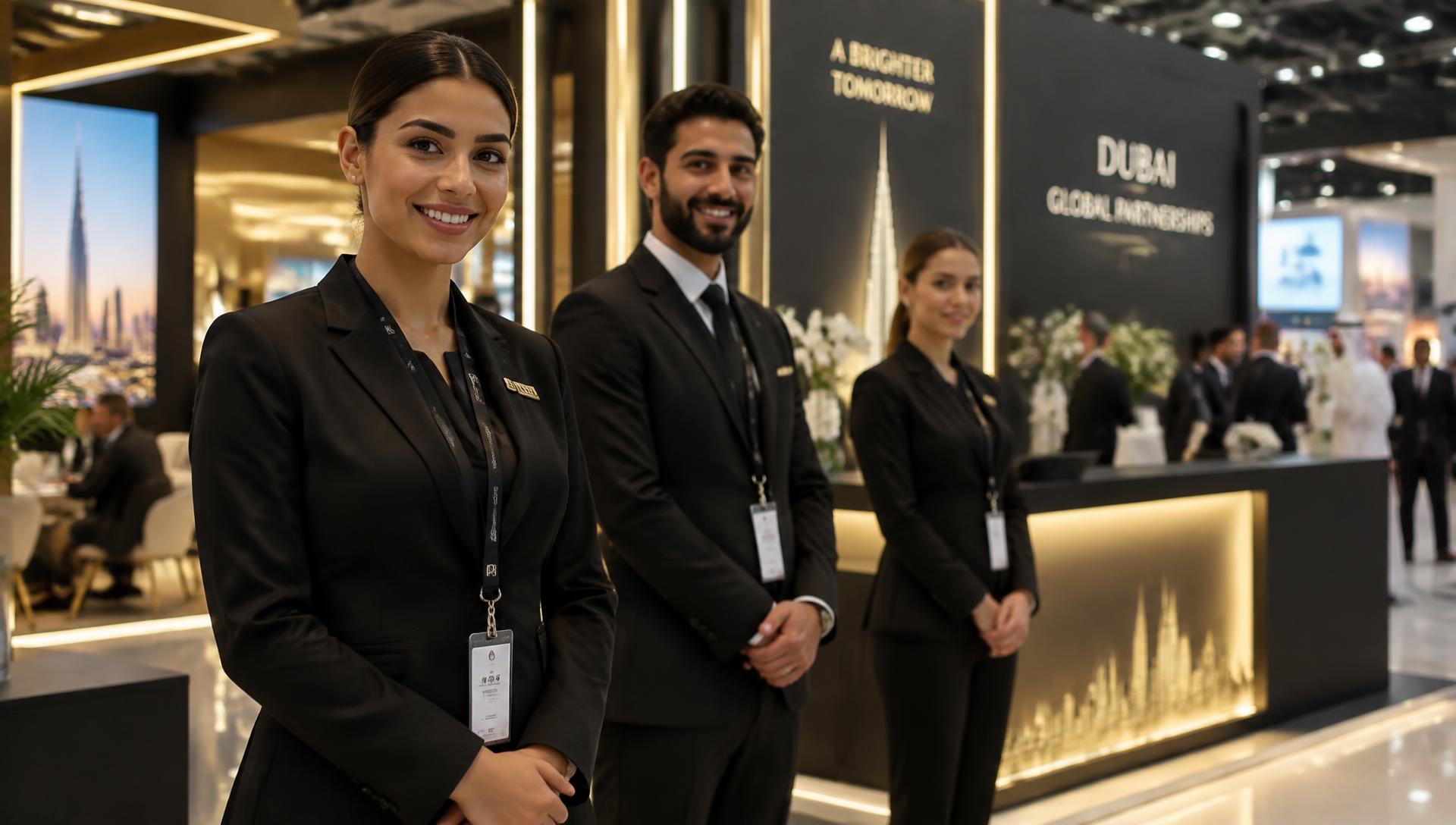 Professional event staff welcoming visitors at a Dubai exhibition stand